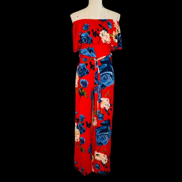 Red Floral Strapless Ruffle Flounce Top Belted Wide Leg Jumpsuit S - Picture 9 of 12